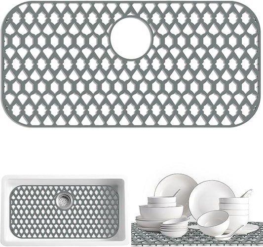 Sink Protectors for Kitchen Sink, Kitchen Sink Accessory - Silicone Mats Grid for Stainless Steel Strainer Bottom of Farmhouse Porcelain sinks (28”x14.4”, Rear Drain)