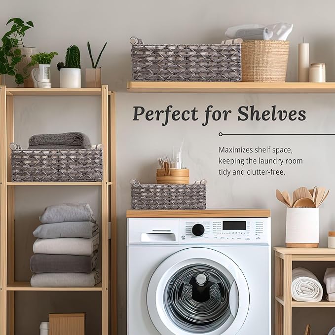 DECOMOMO Toilet Tank Basket, Wicker Storage Bins for Countertop, Toilet Top Organizer, Back of Toilet Basket, Pantry, (Grey, Set of 3)