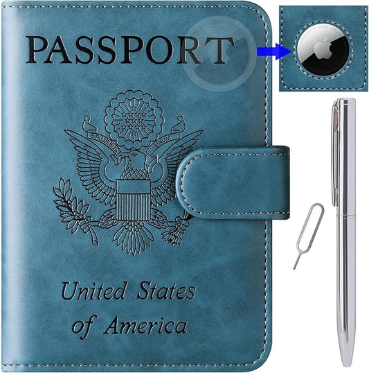 Airtag Passport Holder Cover Wallet Travel Essentials Leather Rfid Blocking Case Vacation Luggage Must Haves Travel Accessories for Men Women (117#Blue)