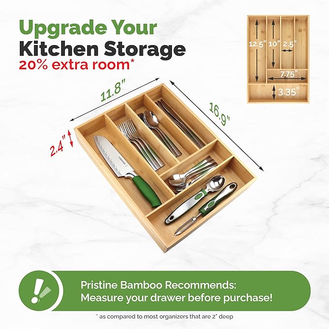 Pristine Bamboo Silverware tray organizer– Flatware Utensil Cutlery Silverware Holder for Drawer – Small Extra-Deep Wooden Kitchen Drawer Organizer Divider for Spoons Forks Knives cutleries (6-Slots)