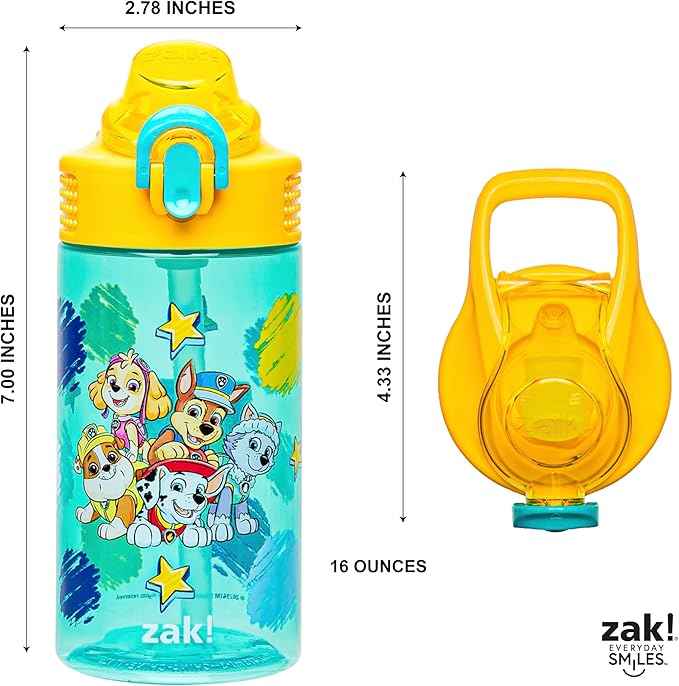 Zak Designs PAW Patrol Sage Water Bottle For School or Travel, 16oz Durable Plastic Water Bottle With Straw, Handle, and Leak-Proof, Pop-Up Spout Cover (Chase, Marshall, Skye, Rubble, Everest)