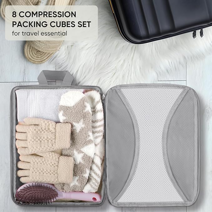 8 Set Compression Packing Cubes for Travel, Packing Cubes Compression Travel Accessories Expandable Packing Organizers for Carry on Luggage Suitcase