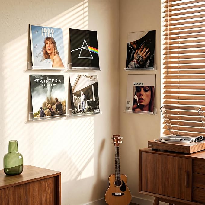 Laurensory 8 Pack Vinyl Record Shelf Wall Mount Shelves, 12 inch Clear Acrylic Vinyl Record Holder Display, Floating Shelves for Wall Decor, Magazine Rack, Kids Bookshelf, for Bedroom, Living Room