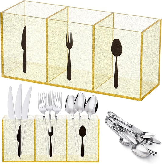 Suzile Acrylic Cutlery Storage Organizer Bin Silverware Caddy Countertop Knife Spoon and Fork Holder Kitchen 3 Section Tableware Storage Box for Cabinet Indoor Home Flatware Dining Room(Gold Pink,M)