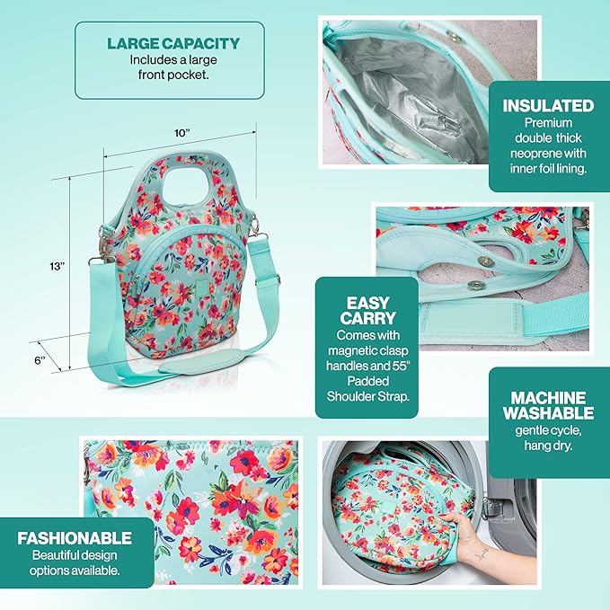 Made Easy Kit Large Insulated Lunch Tote Bag – Stylish Neoprene Carrier Foil Lining, Front Zipper Pocket & Shoulder Strap – Machine Washable, Lightweight, Travel Ready (Red Black Polka Dots)