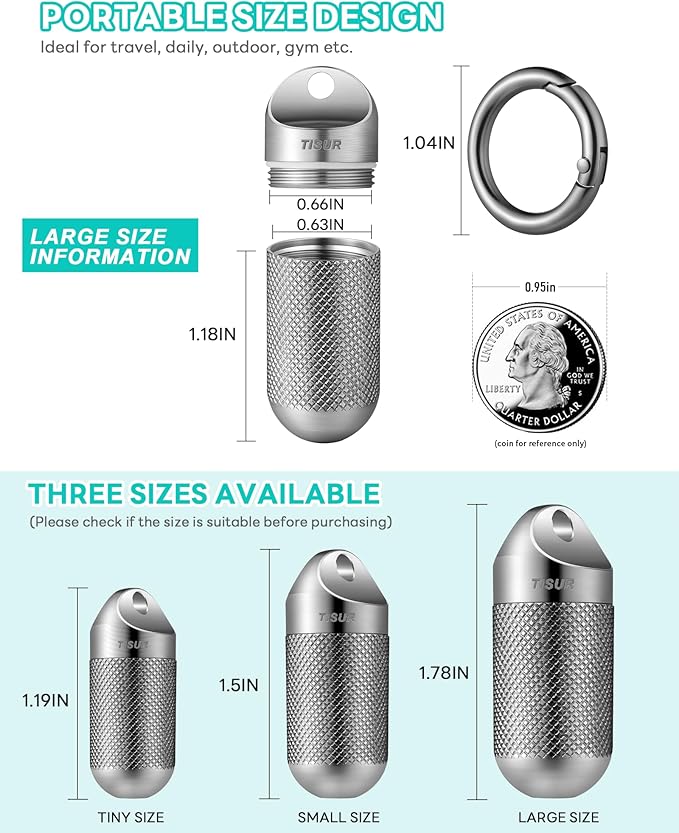 TISUR Titanium Keychain Pill Holder Small Metal Pill Case, Pill Organizer Portable Waterproof Pill Container, Travel Pill Bottle Box for Purse (Large-0.63inch)
