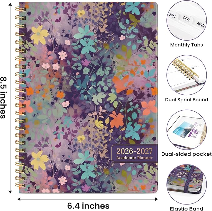 Academic Planner 2026-2027, Weekly and Monthly Calendar Book, July 2026 – June 2027, Hardcover Planner with Tabs, Perfect for Teachers, Students, Women & Men, A5 (6.4" x 8.5") - Lavendar Floral