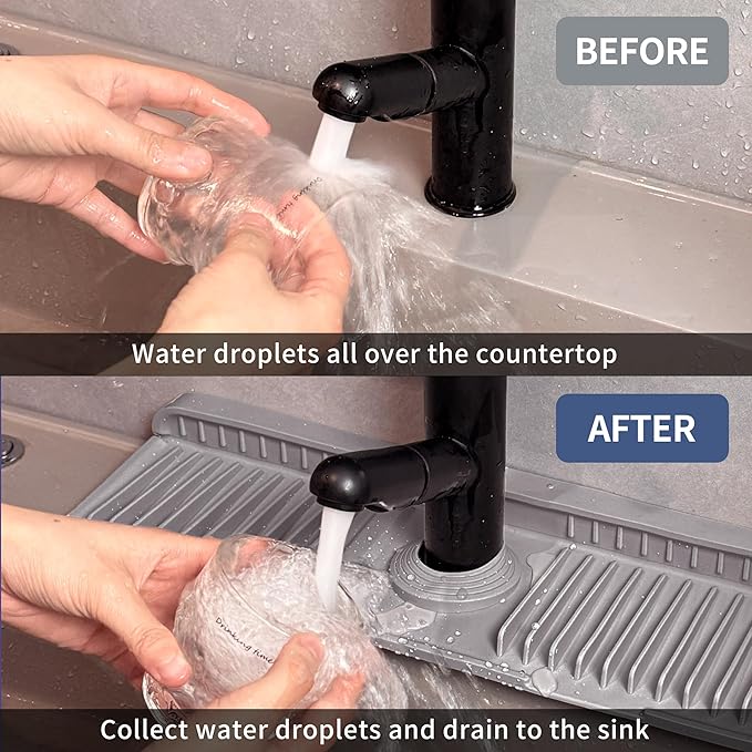 14.57" Silicone Sink Splash Guard - Essential Kitchen Sink Accessory with Drip Tray, Sponge Holder & Soap Dish, 6°Slope for Easy Drainage, Foldable & Fasten Button for Perfect Fit（Grey）