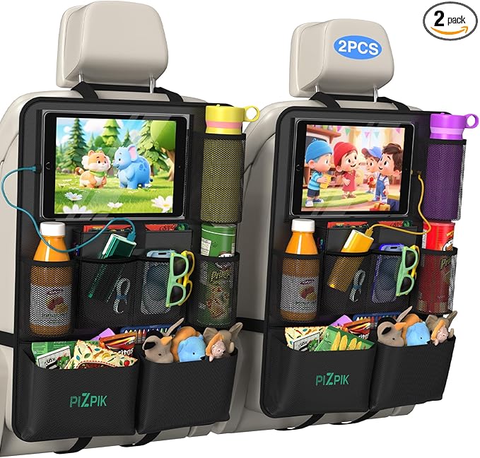 Car Backseat Organizer with Tablet Holder, 11 Storage Pockets with Foldable Food Tray, Protector Kick Mats for Kids, Travel Accessories Organizer (Black, 2-Pack)