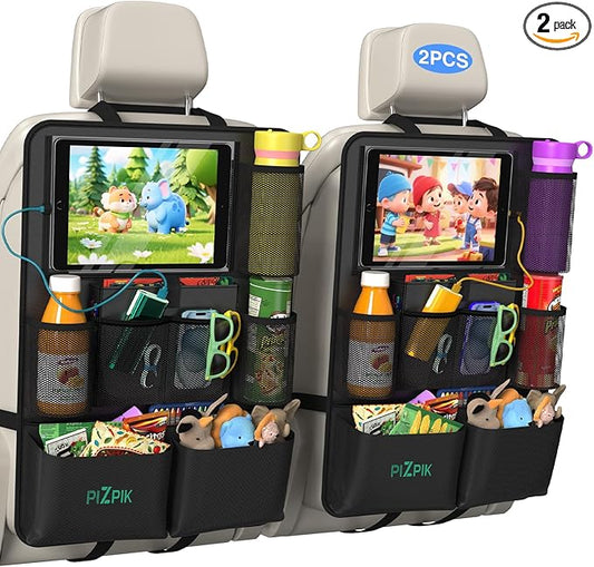 Car Backseat Organizer with Tablet Holder, 11 Storage Pockets with Foldable Food Tray, Protector Kick Mats for Kids, Travel Accessories Organizer (Black, 2-Pack)