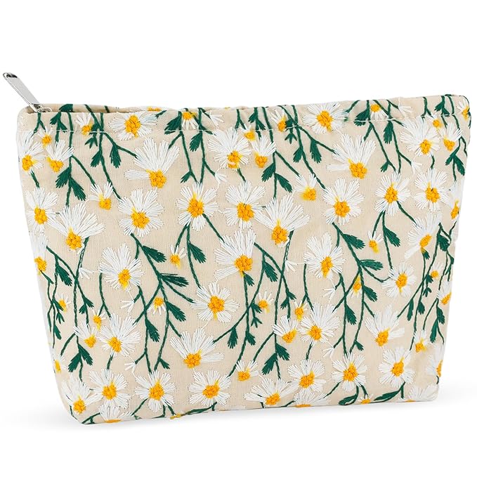 ZLFSRQ Daisy Flower Makeup Bag Travel Cute Floral Cosmetic Bag for Women Girls Small Embroidery Makeup Zipper Portable Storage Toiletry Pouch for Purse Aesthetic Christmas Essential Cosmetic Organizer