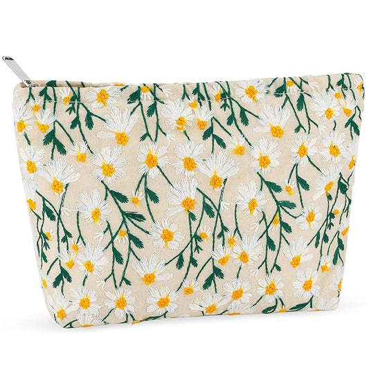 ZLFSRQ Daisy Flower Makeup Bag Travel Cute Floral Cosmetic Bag for Women Girls Small Embroidery Makeup Zipper Portable Storage Toiletry Pouch for Purse Aesthetic Christmas Essential Cosmetic Organizer