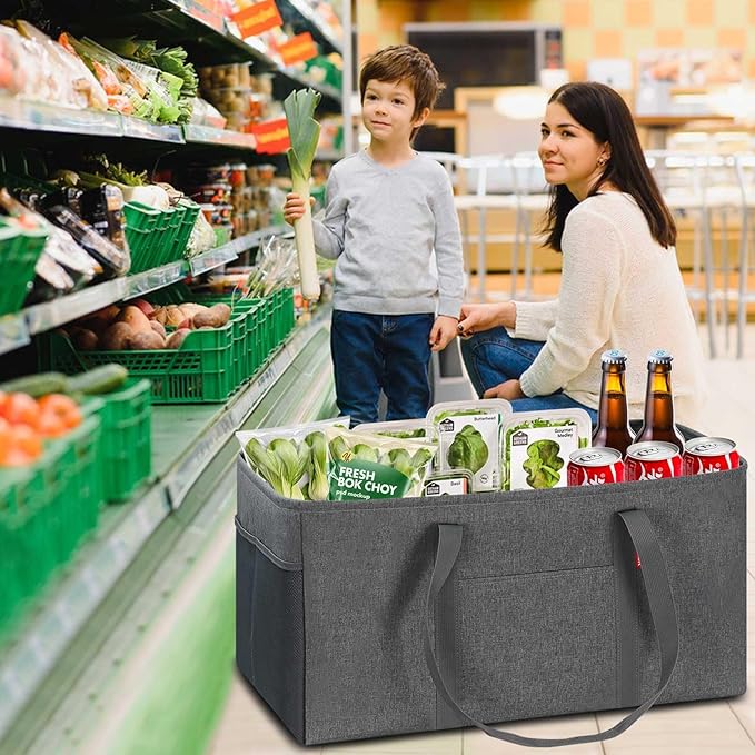 LHZK Standing Extra Large Utility Tote Bag with Metal Wire Frame and the Sides Rinforced, Extra Large Tote Bag with Handle, Reusable Grocery Bags Foldable, Beach Bag, Car Tote (Grey)