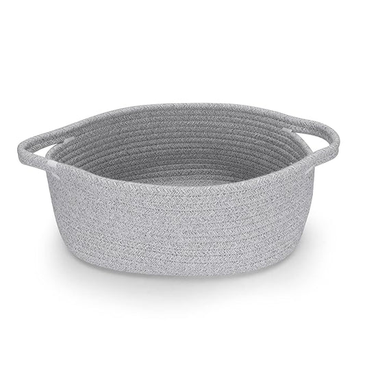 Small Woven Basket Cute Oval Cotton Rope Gifts Basket with Handle Empty Baby Wicker Storage Baskets Nursery Box Bin Kids Organizer Cat Dog Toy Baskets Easter Baskets Grey