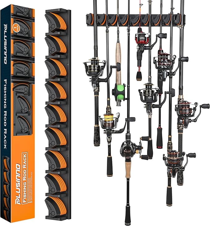 PLUSINNO V9 Vertical Fishing Rod Holders, Wall Mounted Fishing Pole Holders, Fishing Rod Rack Holds Up to 9 Rods or Combos, Fishing Rod Holders for Garage,Fishing Gear and fishing Gifts for Men