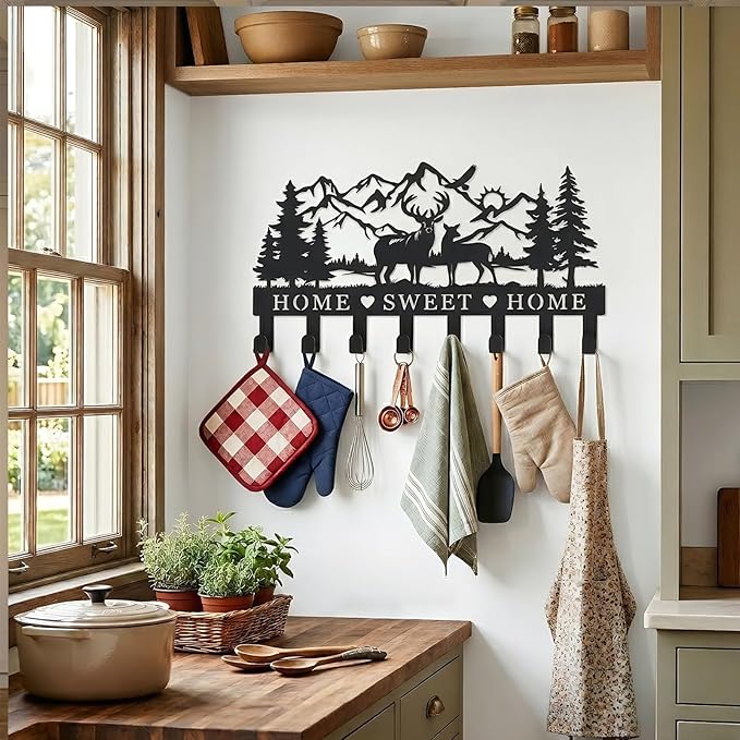 Deer Metal Key Holder for Wall, 14.5" X 9.2", Key Hooks for Wall Organizer, Key Rack, Forest Theme Coat Hat Towel Hooks, Ideal for Living Room, Hallway, Office