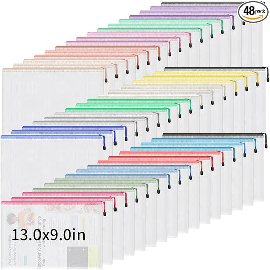 Umriox A4-48P 48pcs Mesh Zipper Pouch Bags, 16 Color, Clear Zipper Pouches for Organizing, Office, Home, Travel