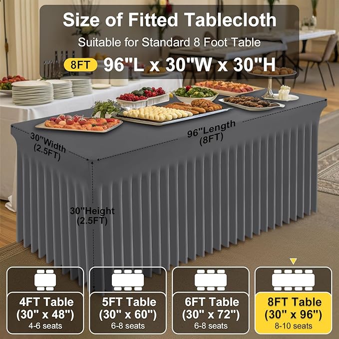 Smiry Spandex Tablecloth, Elastic Fitted Stretch Tablecloth for 8FT Rectangle Tables, Waterproof Washable Table Cover Skirt for Outdoor, Wedding, Parties & Banquet (Dark Grey, 96Lx30Wx30H Inch)