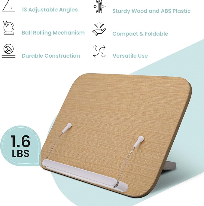 Wood Book Stand - Book Holder for Reading Hands Free, Foldable, Adjustable Book Display Stand, Cookbook Stand Portable, Lightweight Page Holder for Book Lovers, Cooks, Students 13.4"x9.4"