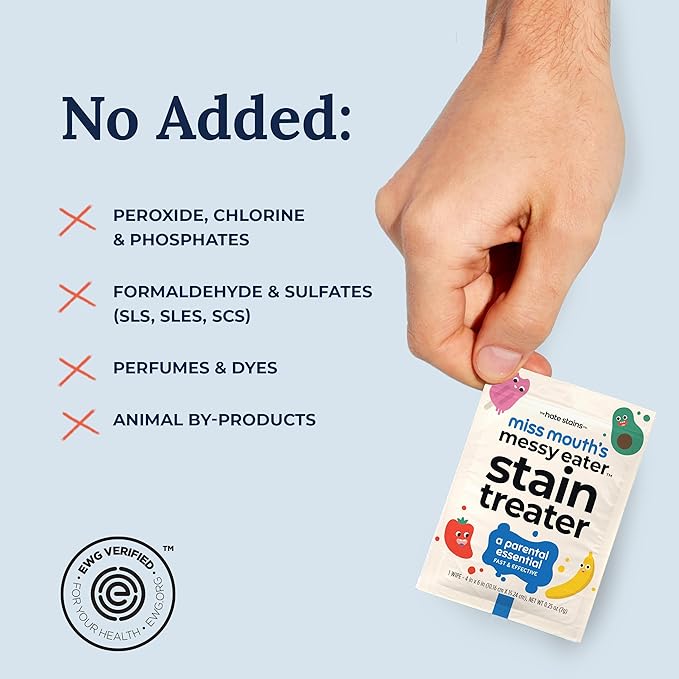 Miss Mouth's Messy Eater Stain Treater Spray - 4oz & 10 Wipes Stain Remover - Newborn & Baby Essentials - No Dry Cleaning Food, Grease, Coffee Off Laundry, Underwear, Fabric (Pack of 2)