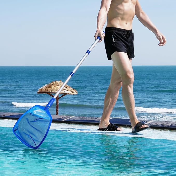 Pool Skimmer - Pool Net with 3 Section Pole, Pool Skimmer Net with Fine Mesh Net, Telescopic Aluminum Pole, Plastic Frame Ultra-fine Pool Skimmer for Ponds, Fish Tank, Hot Tub