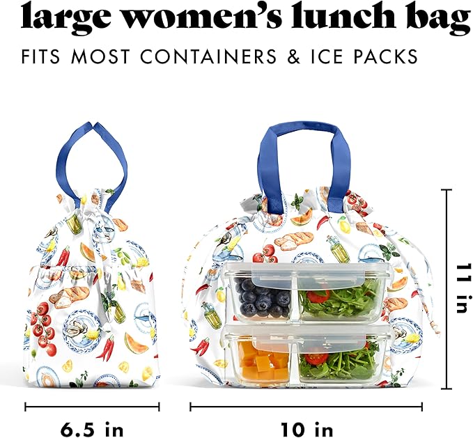 Fit & Fresh Cromwell Drawstring Lunch Bag for Women, Complete Lunch Set with 2 Containers, Stain-Resistant, Leak-Resistant, Back to School Essential, Teacher Lunchbox, Al Fresco