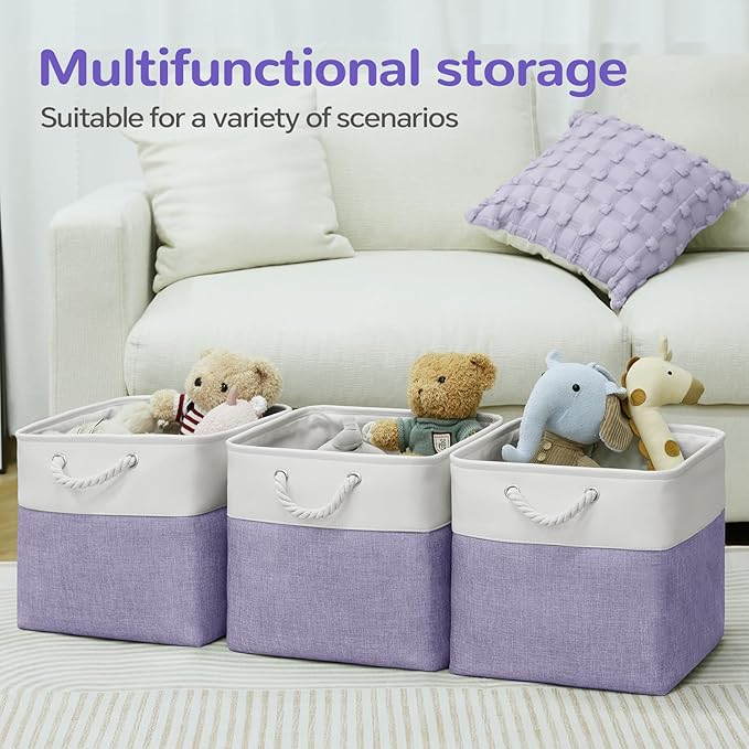 VQRTEXA 13 x 13 Inch Cube Storage Bins, 6 Pack Fabric Storage Basket with Handles, Foldable Boxes Organizer for Shelf Baskets for Home, Clothes (White/Purple)