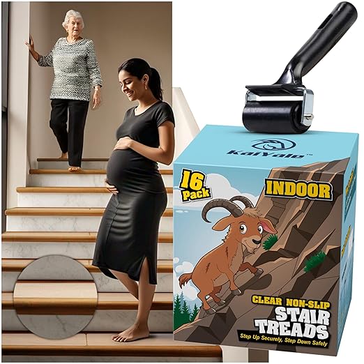 16 Pack Clear Stair Treads for Wooden Steps Indoor - 24"x4" Non Slip Stair Treads Indoor. Self Adhesive, Safe Anti Slip Tape for Kids, Seniors & Pets. Staircase Step Tread Includes Rubber Roller