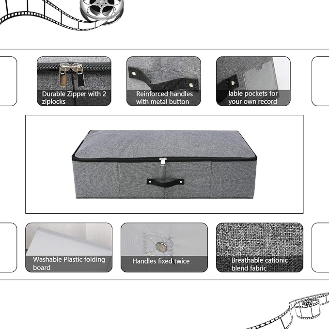 Omygarden 2PCS Foldable Under Bed Storage Box with Plastic Support Liner, Handles, Zipper lid, Blankets Clothes Comforters Storage Bin Organizer for Bedroom and Closet, 29×15×7inch, Black Grey