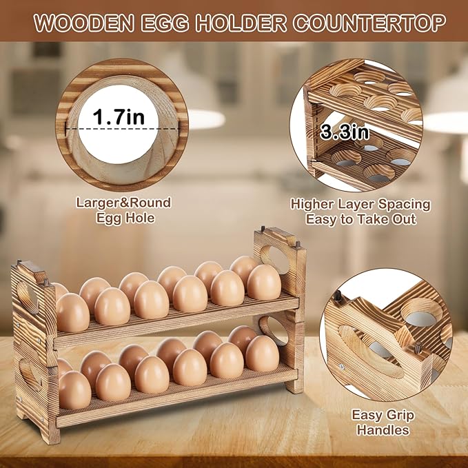 AOOHOOA Wooden Egg Holder & Storage-3Tier /36-Hole Stackable Holds Fresh Eggs, Farmhouse Eggs Rack Wood, Rustic Countertop Chicken Egg Organizer Wood with Distressed Finish for Home Kitchen Decoration