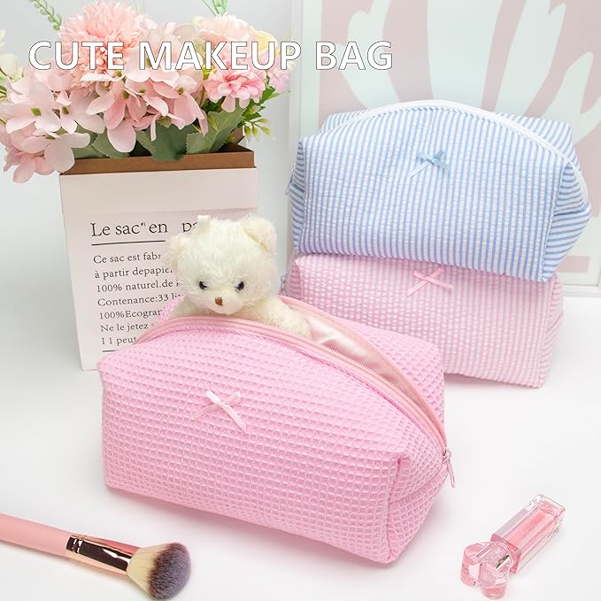 Cozy Makeup Bag Travel Cosmetic Bag for Women Soft Toiletry Bag Aesthetic Makeup Organizer Portable Large Zipper Pouch for Skincare Beauty Accessories Brushes Walffle Check Pink