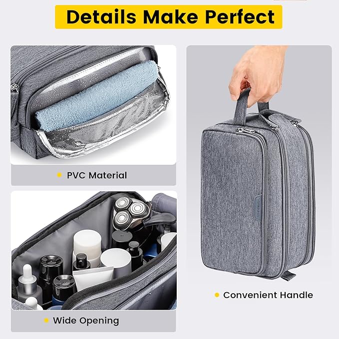 Vorspack Large Travel Toiletry Bag - Water Resistant Travel Bag for Toiletries, Cosmetics, Accessories, Gifts for Men - Grey