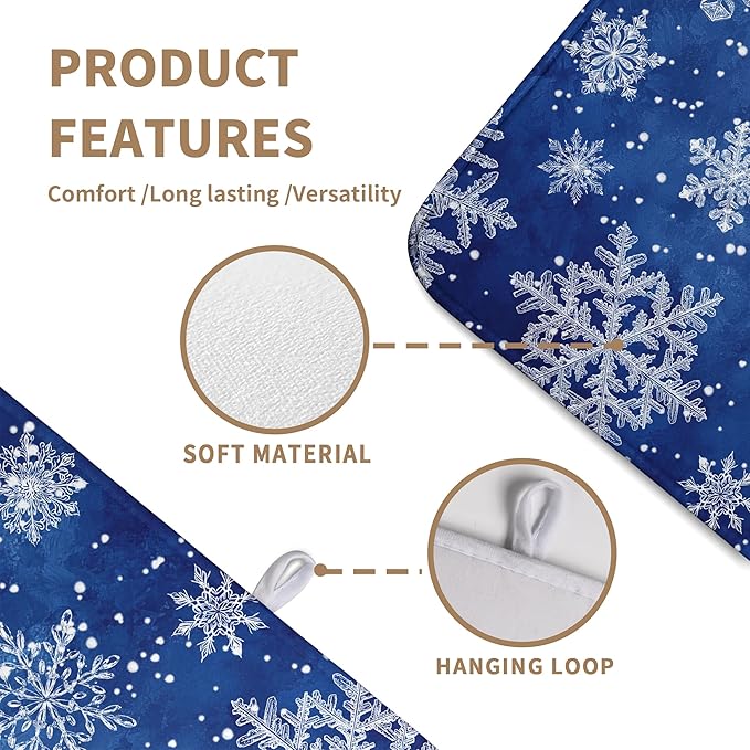 Winter Blue Snowflake Dish Drying Mat for Kitchen Counter Merry Christmas Snowflakes Drying Mats Xmas Holiday Dish Draining Mat Microfiber Absorbent Dish Drainer Rack Pad 18x24 Inch