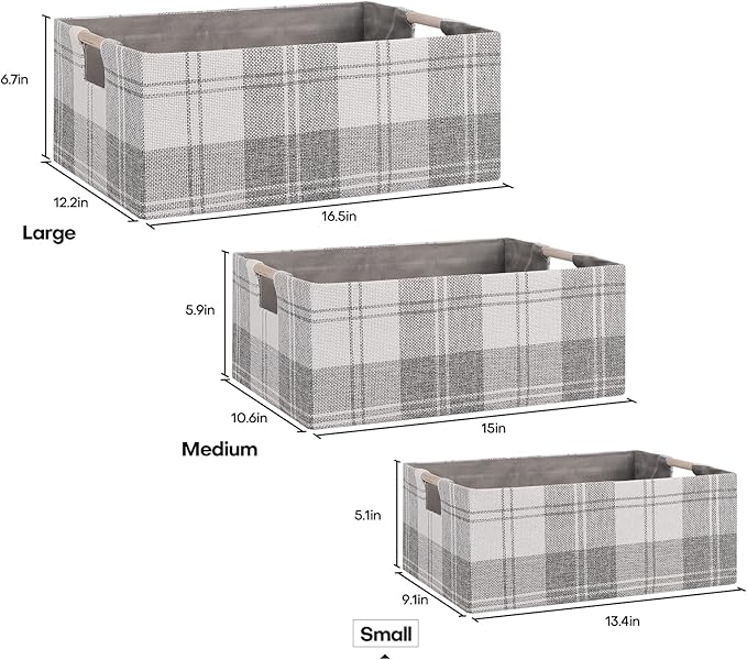 Fabric Storage Bin Box Collapsible Cotton Linen Storage Cube with Wooden Handles Rectangular Decorative Home Organizer Clothes Blanket Basket– Light Gray Plaid, Small