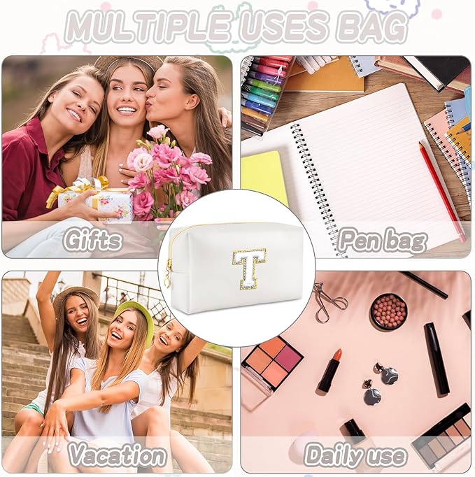 Gifts for Girls Initial Makeup Bag Personalized Cosmetic Bag with Zipper Cute Travel Toiletry Bags Waterproof PU Preppy Makeup Pouch Birthday Gift for Teen Girls Women(White T)