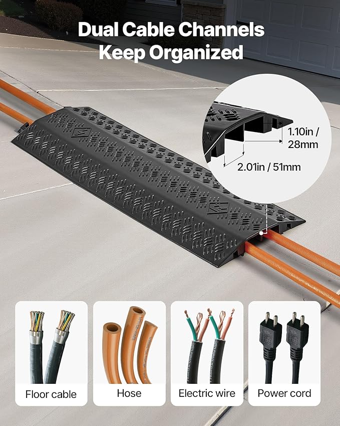 VEVOR 1 Pack Drop Over Cable Cover, 2 Channel Heavy Duty Cable Hose Protector Ramp, 38.3'' Floor Cord Cover, 17,500 lbs/Axle Load Capacity, for Traffic Areas, Indoor, Outdoor, Home, Office, Warehouse