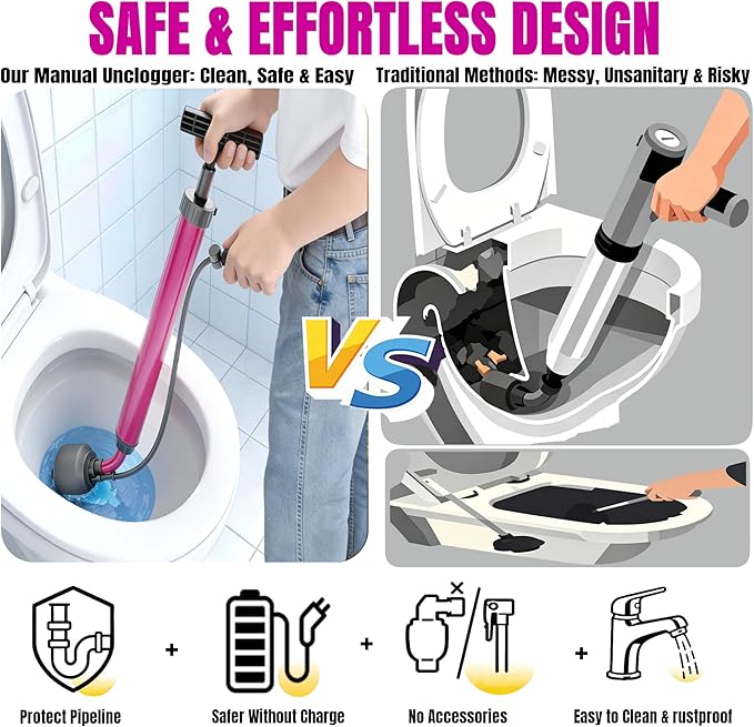 Manual Drain Unclogger, High Pressure Toilet Plunger: No-Splash, No Electricity, No Accessories, Pipe-Safe, Easy to Use, Reusable & Easy to Clean for Toilet, Sink, Bathtub, All Household Pipes