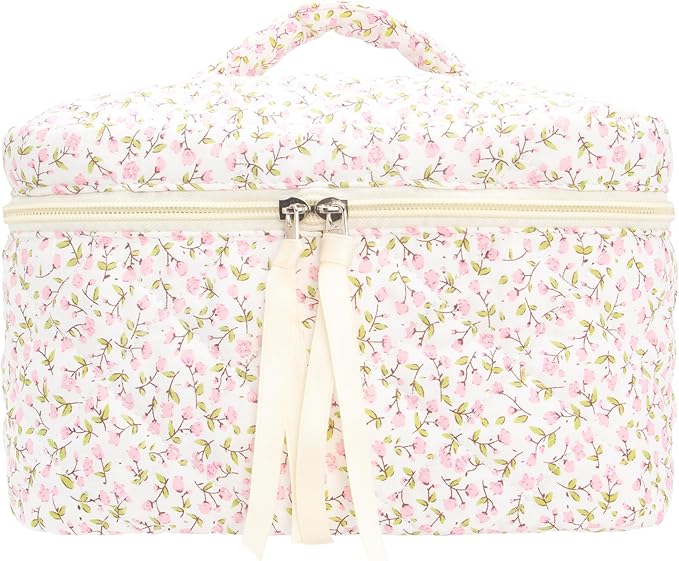 Quilted Makeup Bag Large Travel Zipper Soft Cosmetic Case for Women Girls Make Up, Floral Pink