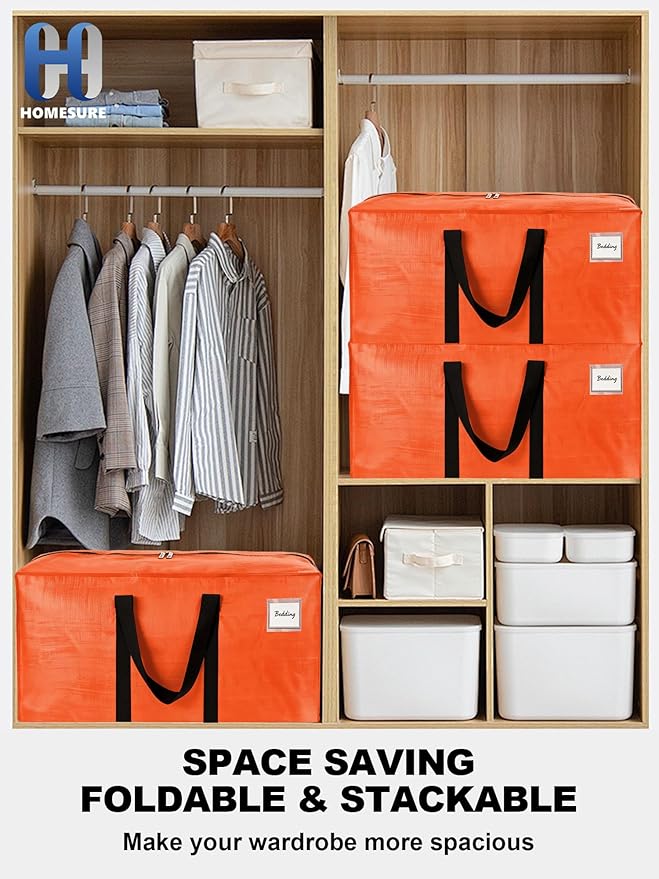 HOMESURE Supports 200lbs Heavy Duty Moving Bags - Strong Zipper & Wrap-Around Handles - Water-Resistant Storage Totes, Durable Alternative to Moving Boxes - 4 Pack - Orange