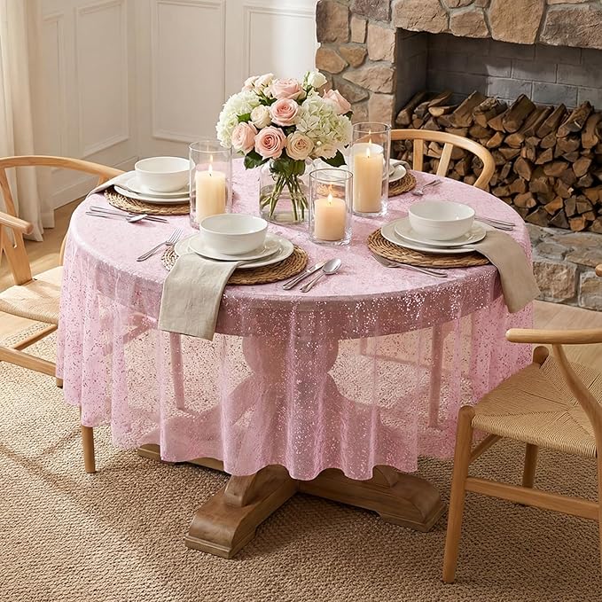 Horaldaily Pink Gold Gauze Tablecloth 60x60 Inch Round, Pink Sequin Glitter Metallic Foil, Sheer Tulle Cheesecloth for Wedding Baby Shower Ceremony Birthday