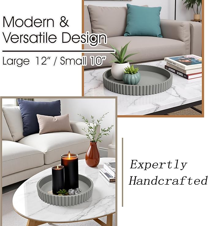 Modern Table Round Decorative Trays 2pcs Home Decor - Circle Coffee Table Centerpiece Set 12"/10" - Wooden Cool Grey Ottoman Tray with Fluted Edge