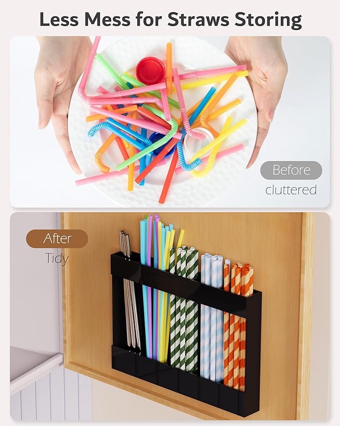 Acrylic Straw Holder & Organizer - Compact, Adhesive Tape Included for Easy Installation - Perfect for Countertops, Cabinets, or Kitchen Storage (Black-5 Compartments)