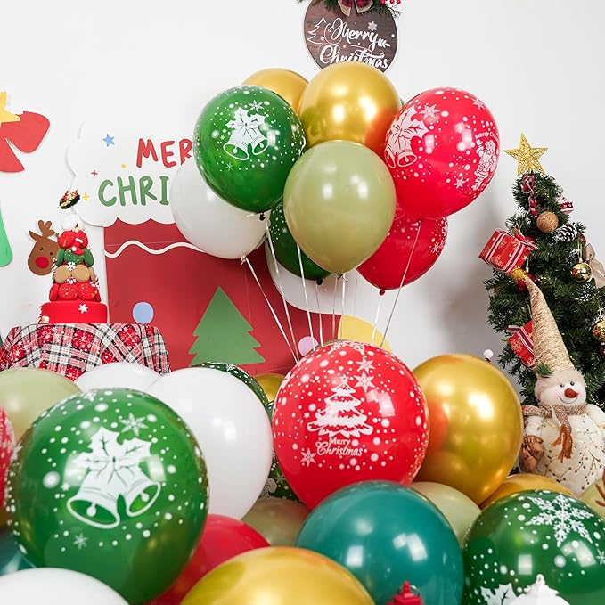 Christmas Balloons, Red Green Gold Balloons with Tree Elk Santa Claus Print Balloon, Retro Green Gold Red and White Xmas Party Balloon for Christmas Birthday New Year Winter Holiday Party Decorations