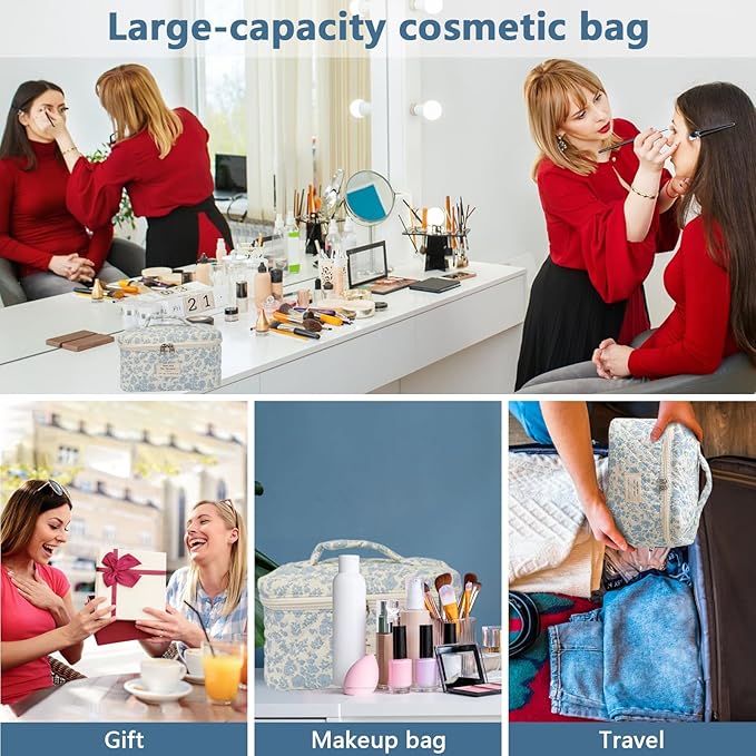 Gosect Large Travel Quilted Makeup Bag for Women,Big Floral Cotton Cosmetic Bag, Cute Coquette Aesthetic Floral Toiletry Organizer Bag (White Cherry)