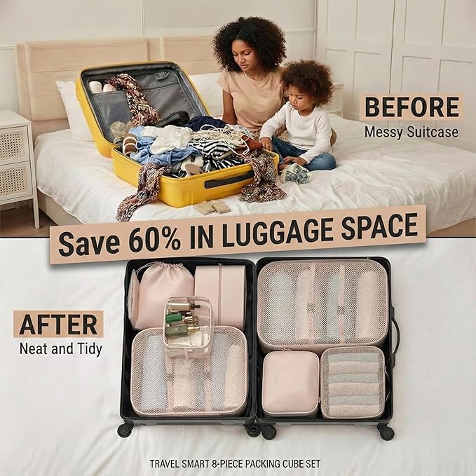 8 Set Packing Cubes for Travel with Clear Toiletry Bag, Durable Luggage Packing Organizers, Carry-On Accessories, TSA Approved See-Through Cubes, Space-Saving Storage Bags, Gifts for Women