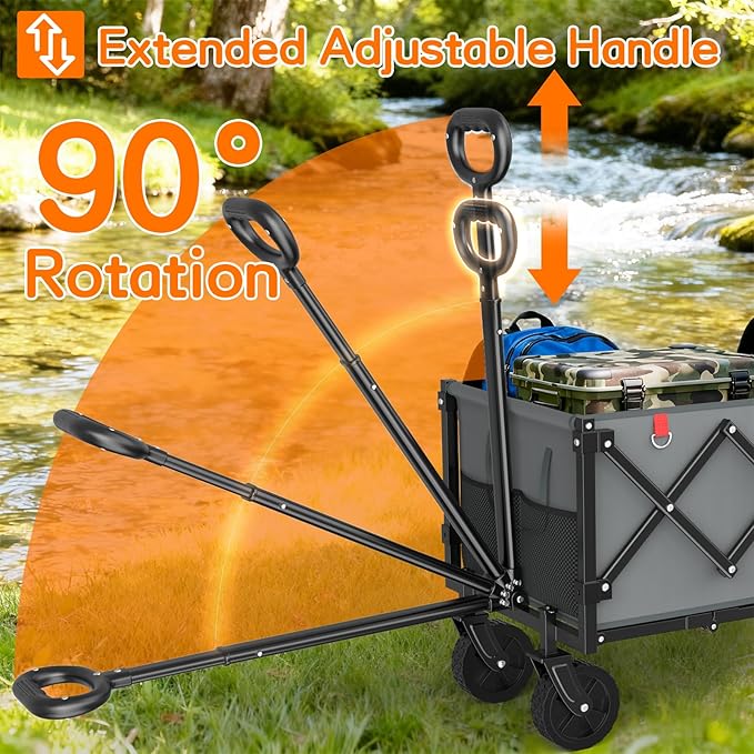 35" L Extra Long Foldable Wagons Carts, 360LBS Heavy Duty Collapsible Wagon with Wheels, Folding Wagon Portable Utility Cart for Groceries, Shopping, Camping, Sports