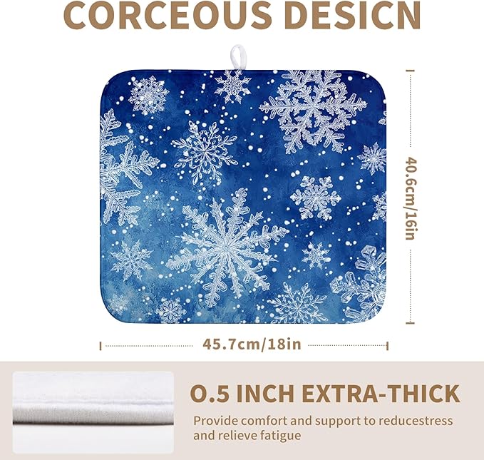 Winter Blue Snowflake Dish Drying Mat for Kitchen Counter Merry Christmas Snowflakes Drying Mats Xmas Holiday Dish Draining Mat Microfiber Absorbent Dish Drainer Rack Pad 16x18 Inch