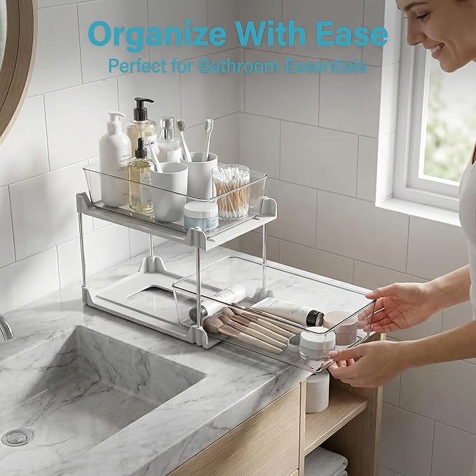 2 Pack Bathroom Organizers and Storage,2-Tier Clear Under Sink and Pull-Out Cabinet Organizer with Track for Kitchen, Pantry,Vanity Countertop,Medicine Cabinet,Closet Drawer Bins (White)