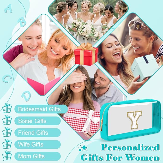 Personalized Initial Letter Clear Makeup Bag, Preppy Small Nylon & PVC Cosmetic Zipper Bag with Chenille Letter, Portable Beach Travel Skincare Toiletry Bag, Trendy Monogram Gift for Teen Girls Women, Y