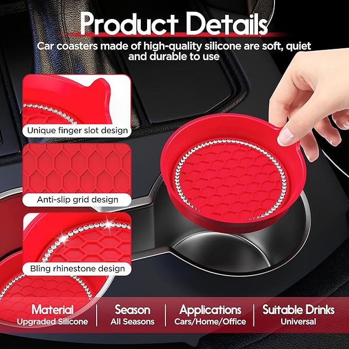 Amooca Car Cup Coaster Universal Non-Slip Cup Holders Bling Crystal Rhinestone Car Interior Accessories 2 Pack Red